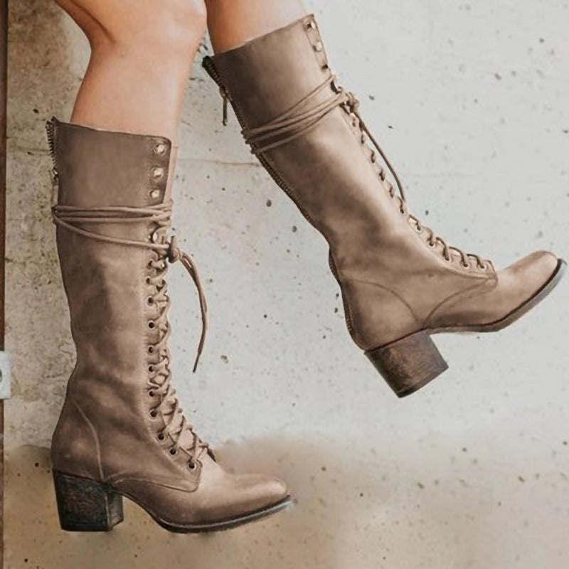 Women's Lace-Up Leather Knee Boots