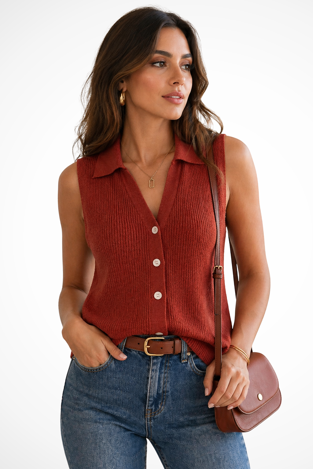 Women's Collared Sleeveless Ribbed Cardigan