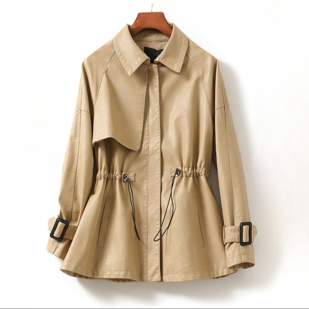 Women's Drawstring Waist Leather Jacket