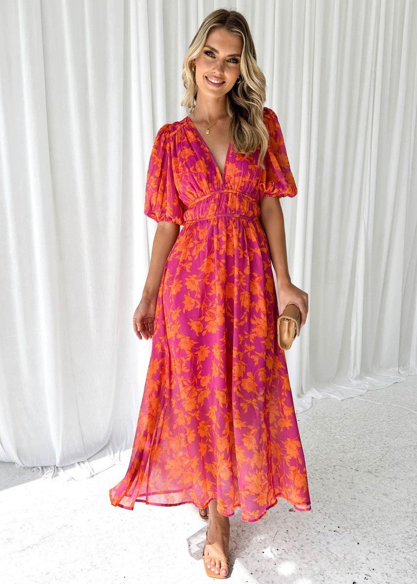 Women's Linen V-Neck Floral Dress