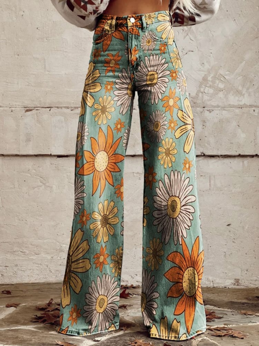 Women's Floral Print Wide Leg Jeans