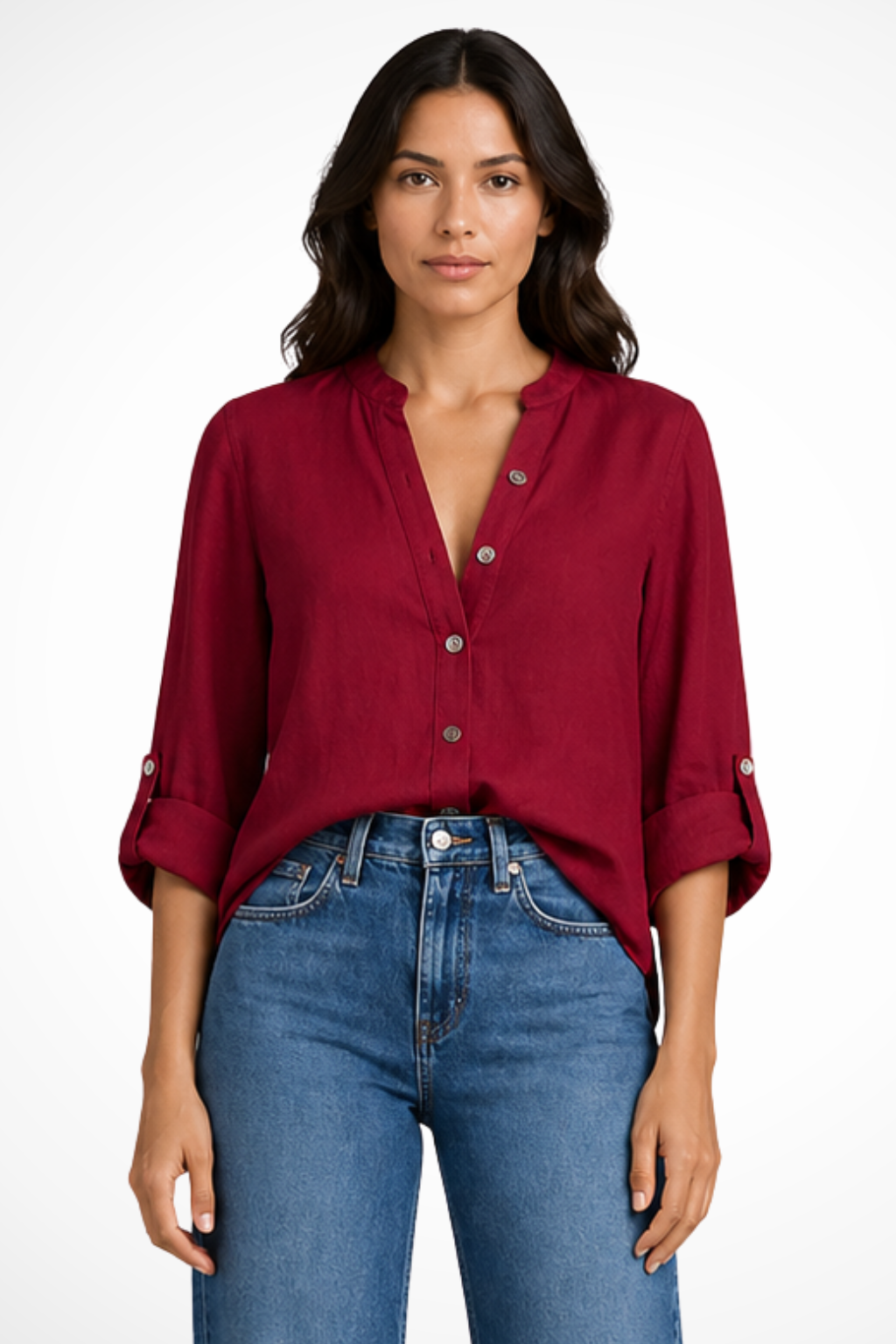 Women's Linen V-Neck Button Blouse