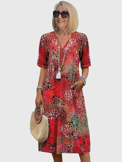 Women's Printed V-Neck Midi Dress