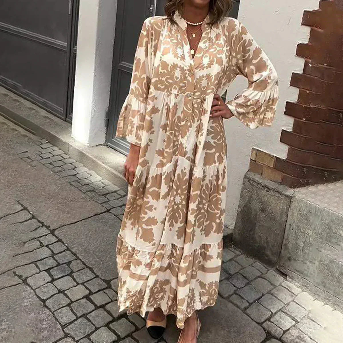 Women's Printed Long-Sleeve Midi Dress