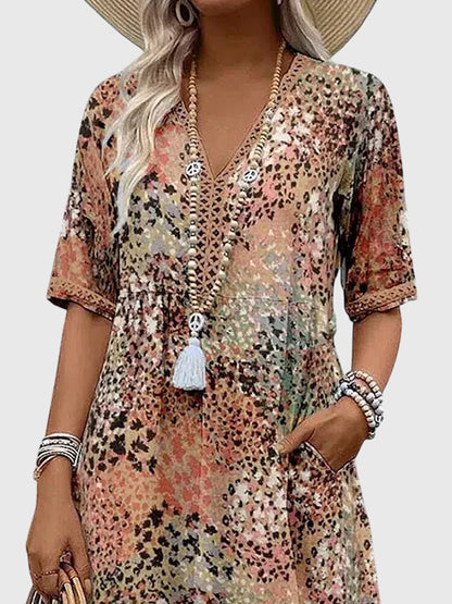 Women's Printed V-Neck Midi Dress