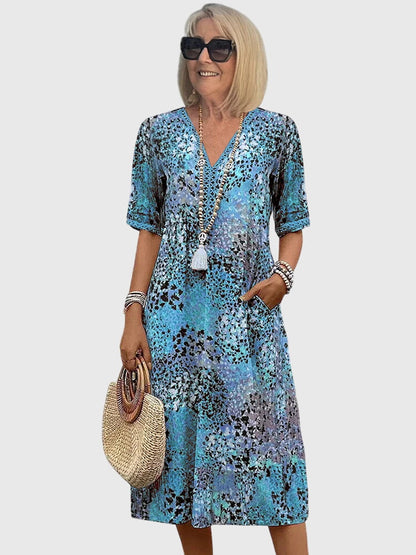 Women's Printed V-Neck Midi Dress