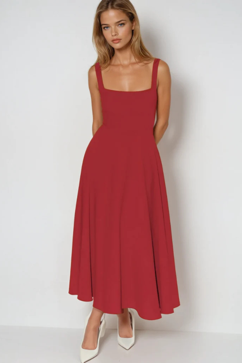 Square Neck Midi Guest Dress