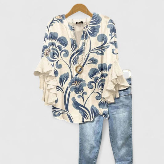 Women's Floral Ruffle Sleeve Casual Top
