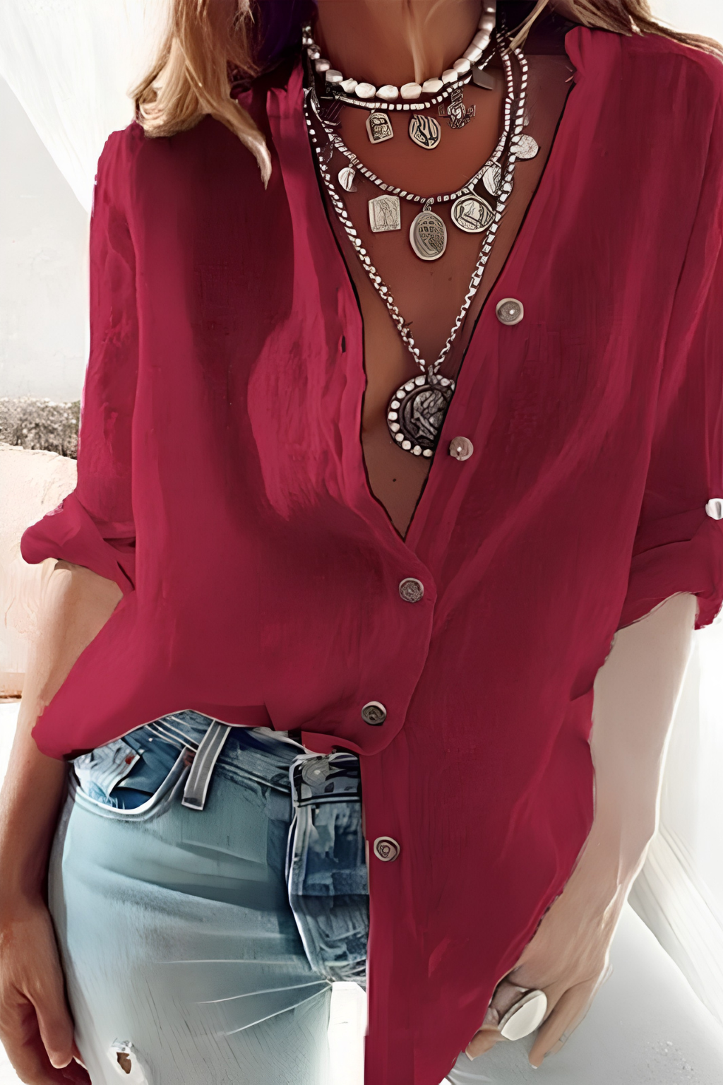 Women's Linen V-Neck Button Blouse