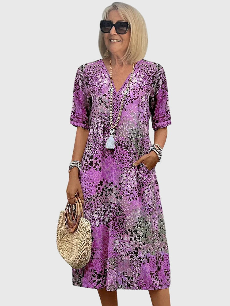Women's Printed V-Neck Midi Dress