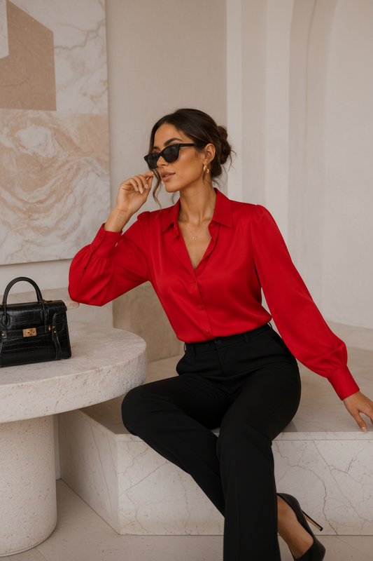 Womens Red Sleeve Satin Blouse