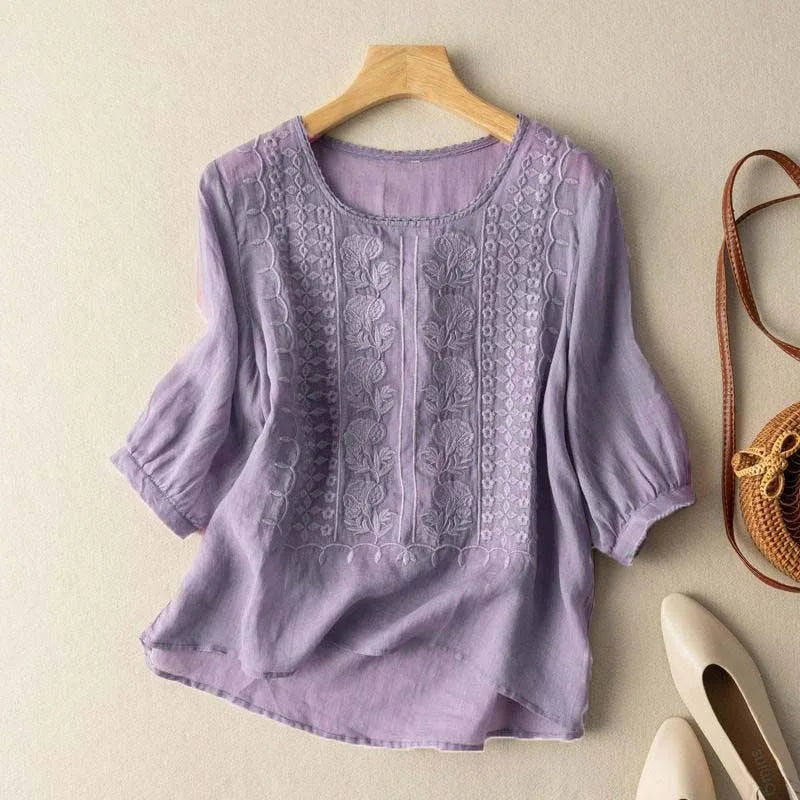 Women's Embroidered Cuffed Sleeve Blouse
