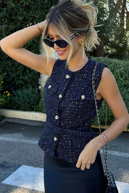 Women's Tweed Gold Button Top