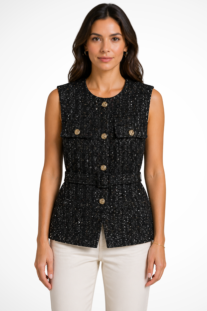 Women's Tweed Gold Button Top
