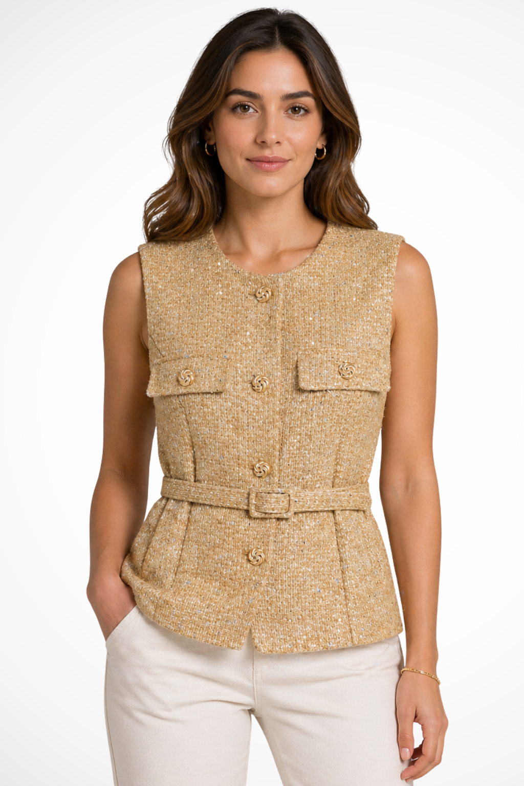 Women's Tweed Gold Button Top