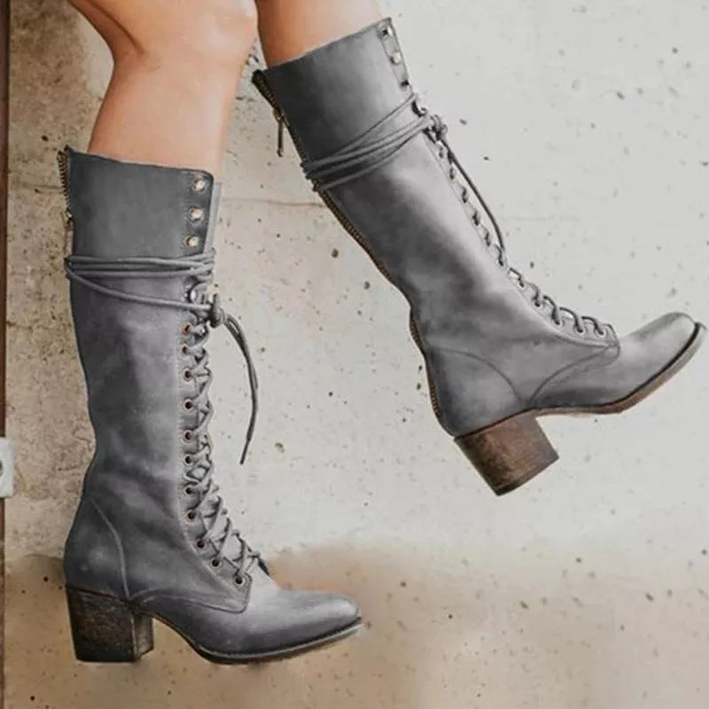 Women's Lace-Up Leather Knee Boots