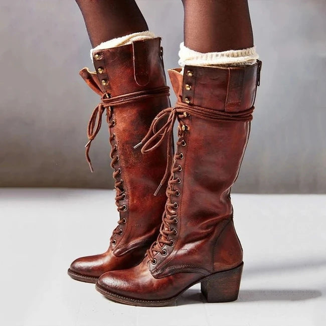Women's Lace-Up Leather Knee Boots