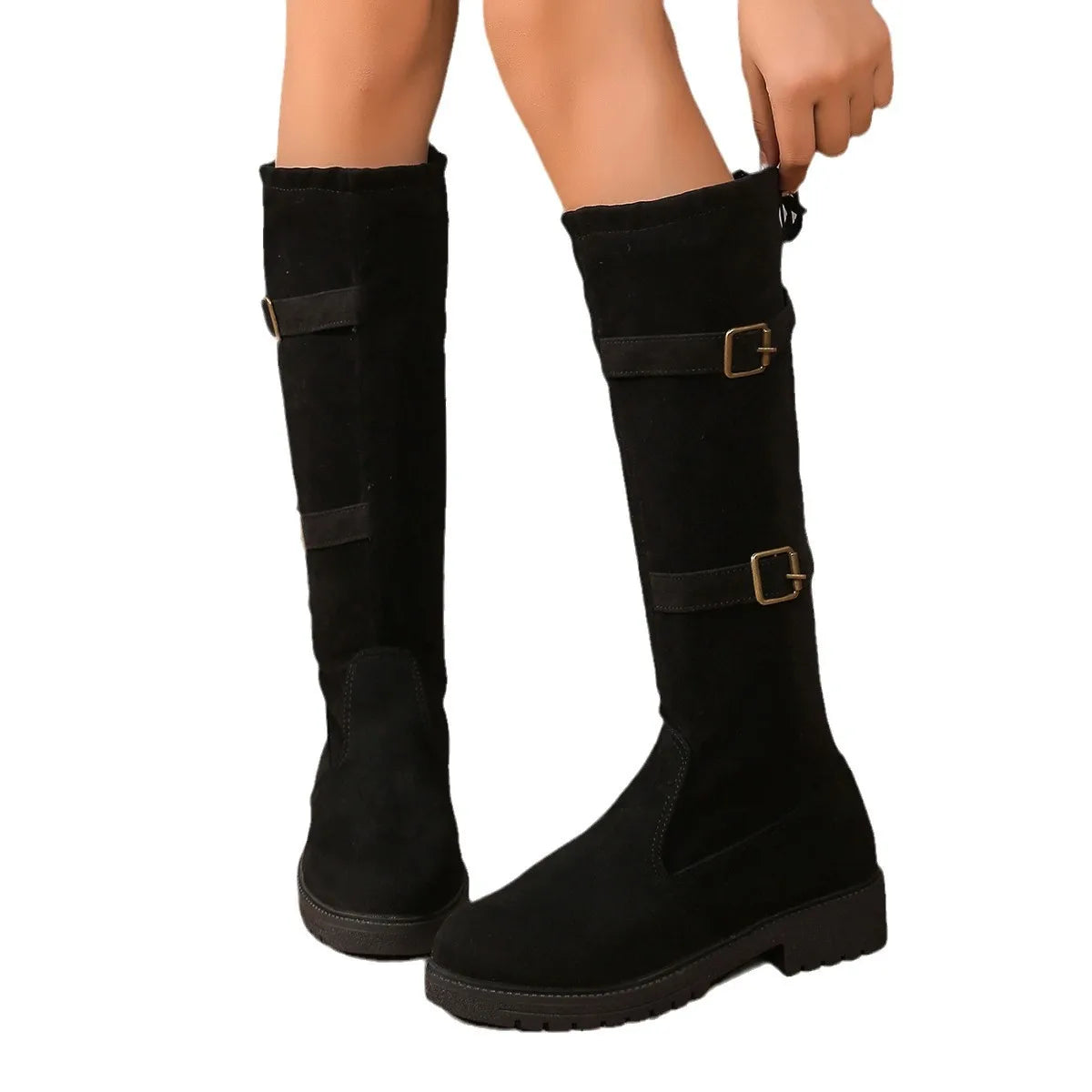 Women's Suede Buckle Long Boots