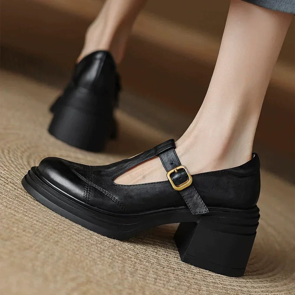 Women's T-Strap Leather Shoes