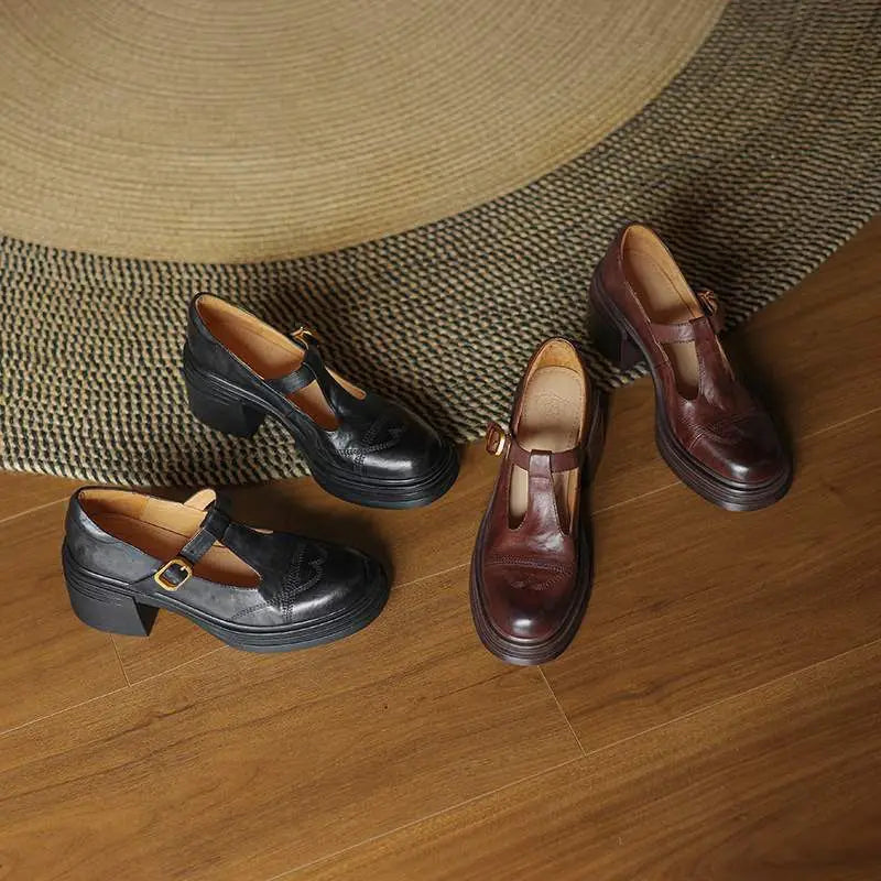 Women's T-Strap Leather Shoes