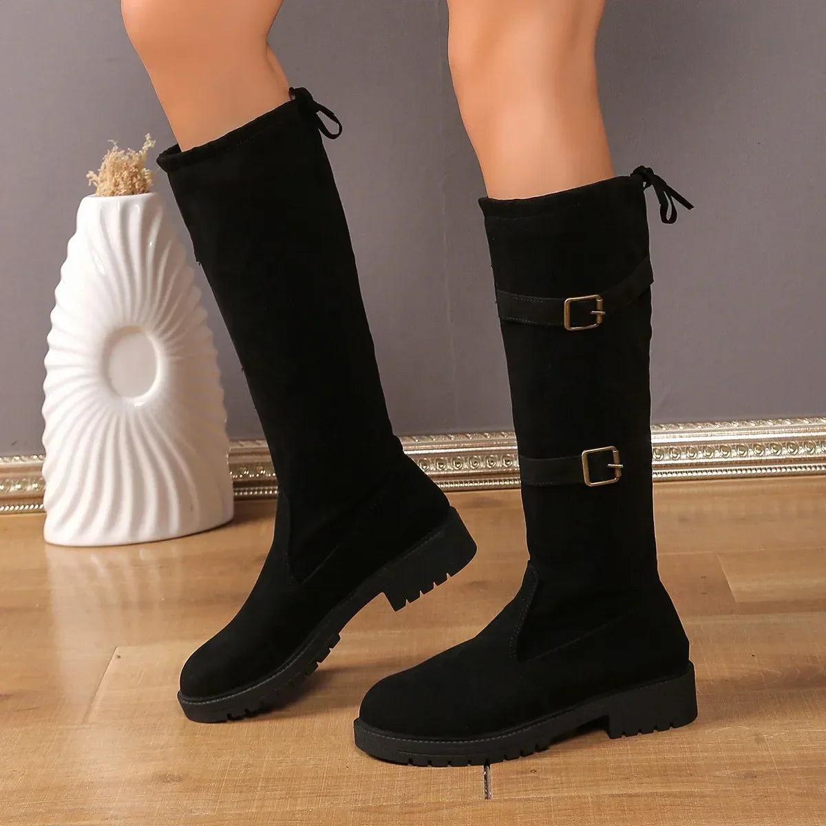 Women's Suede Buckle Long Boots