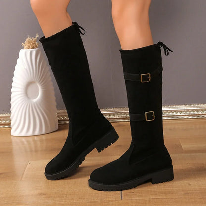 Women's Suede Buckle Long Boots