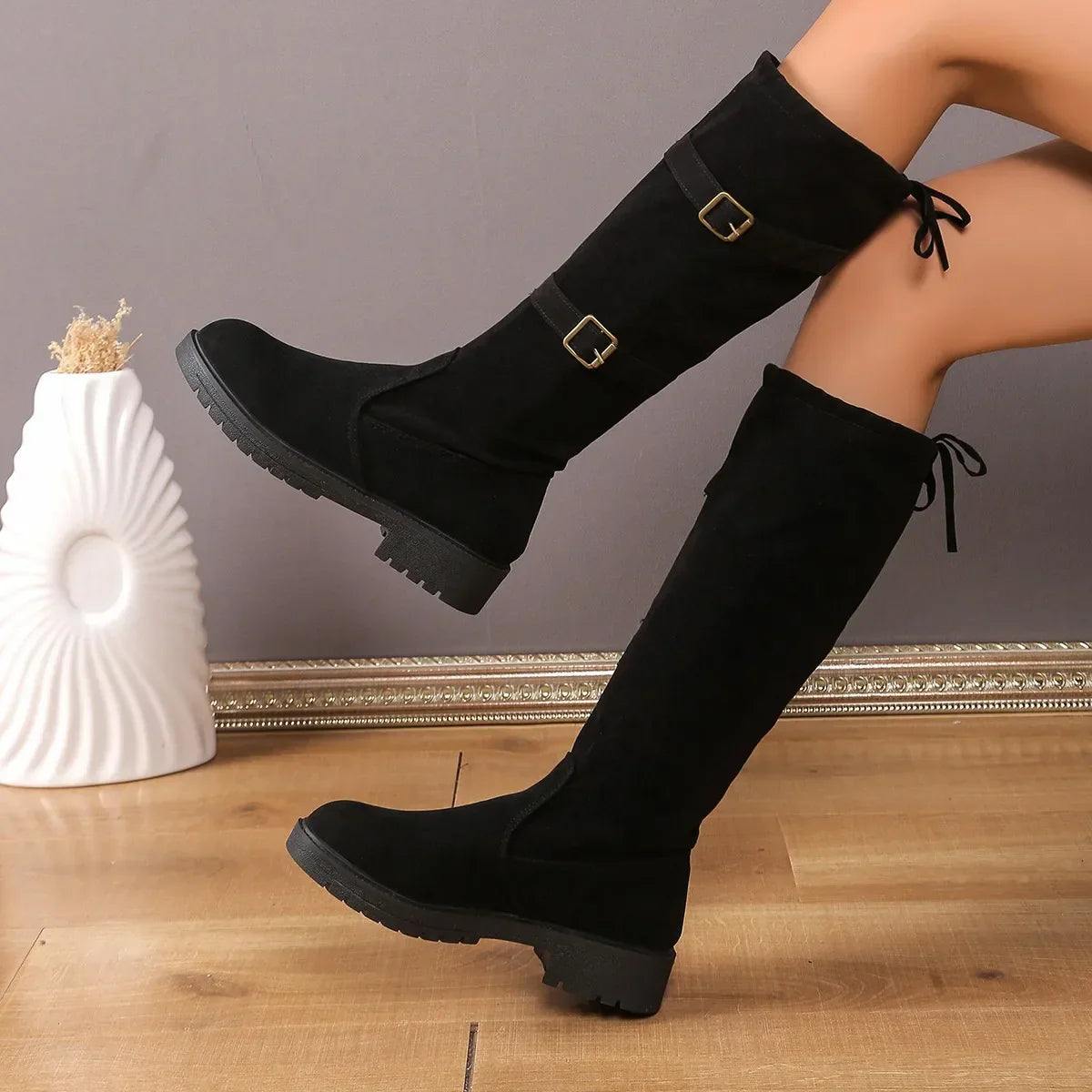 Women's Suede Buckle Long Boots