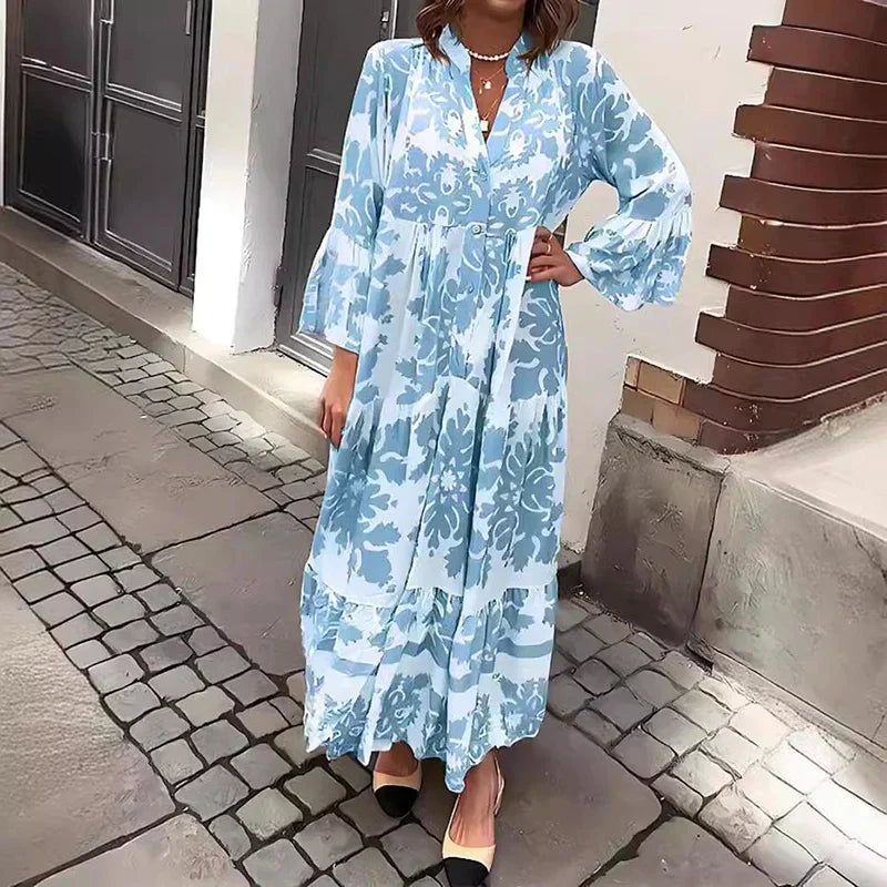 Women's Printed Long-Sleeve Midi Dress