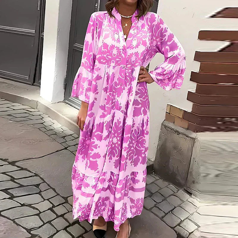 Women's Printed Long-Sleeve Midi Dress