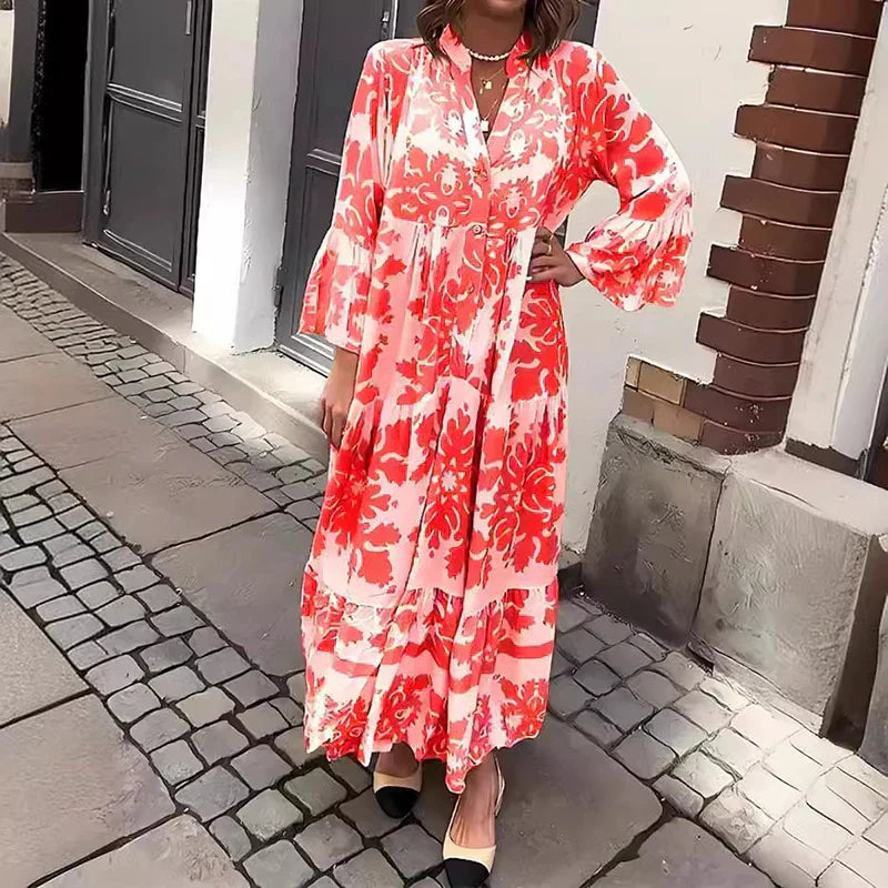 Women's Printed Long-Sleeve Midi Dress