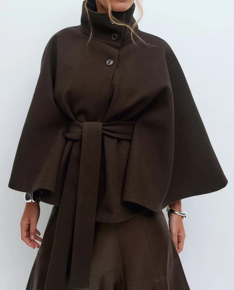 Women's Belted High-Neck Cape Coat