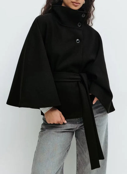 Women's Belted High-Neck Cape Coat