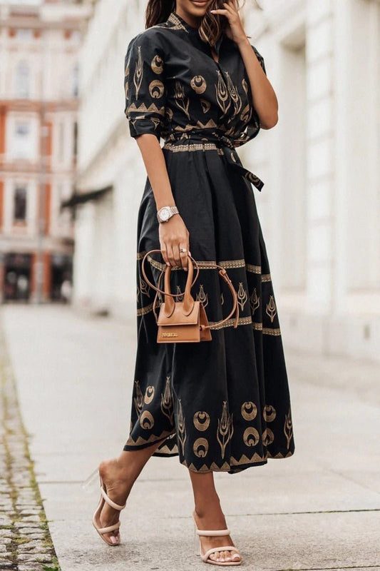 Women's Belted Geometric Midi Dress