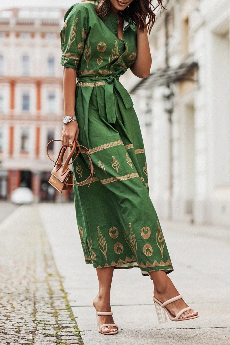 Women's Belted Geometric Midi Dress