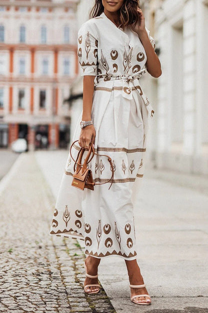 Women's Belted Geometric Midi Dress
