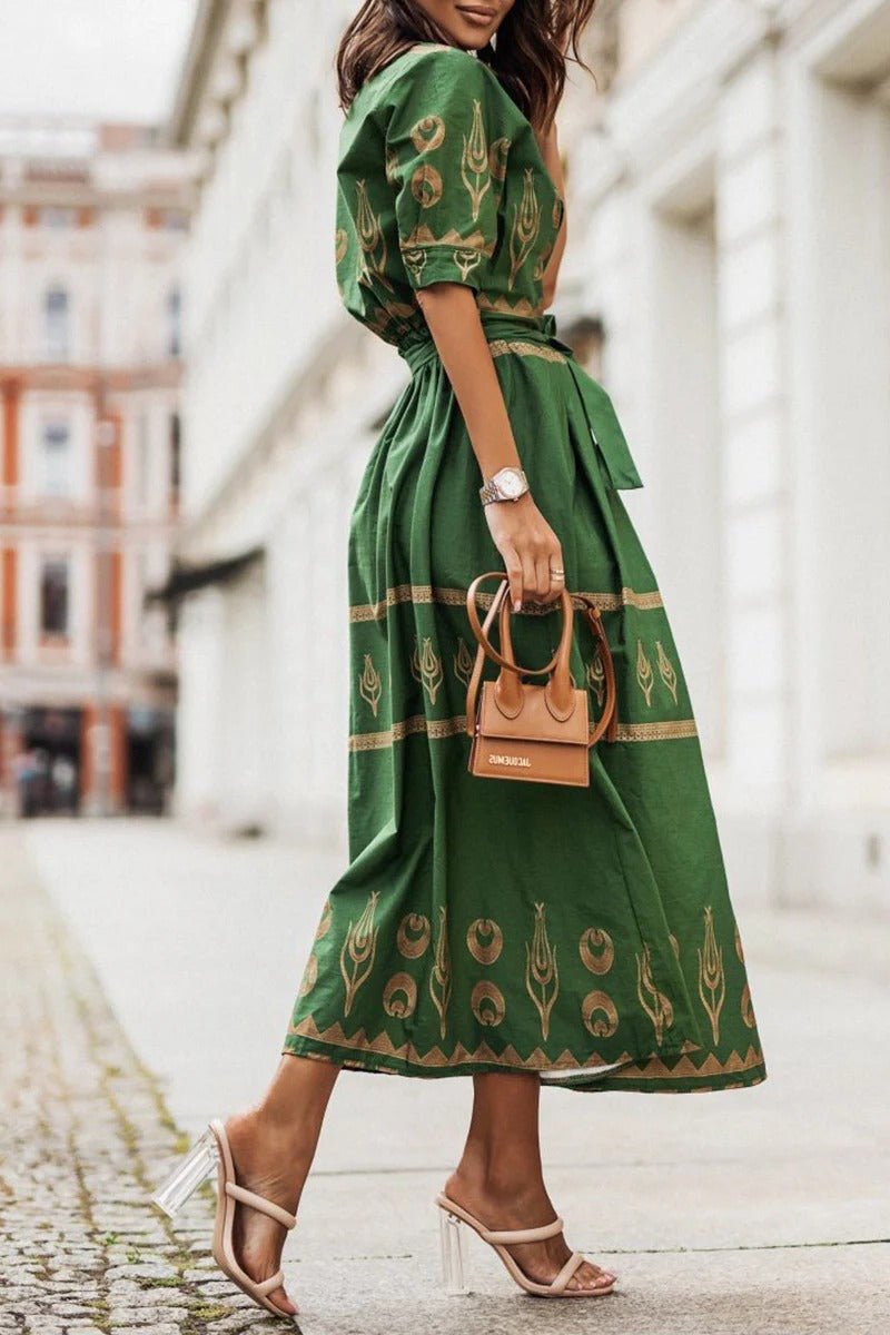 Women's Belted Geometric Midi Dress