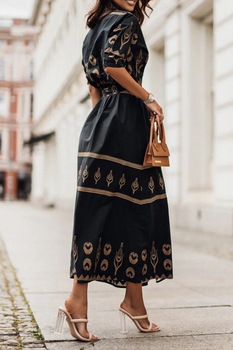 Women's Belted Geometric Midi Dress