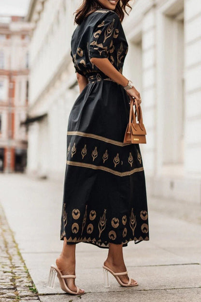 Women's Belted Geometric Midi Dress