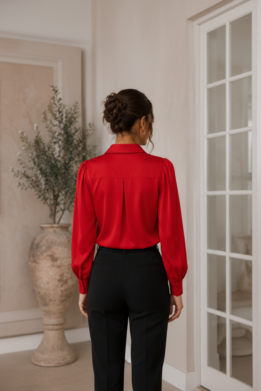 Womens Red Sleeve Satin Blouse