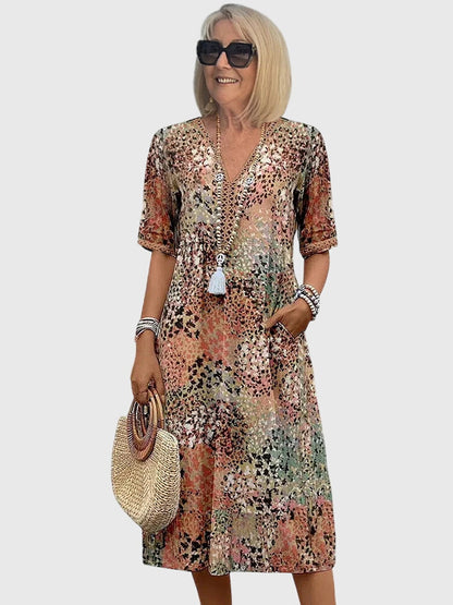 Women's Printed V-Neck Midi Dress