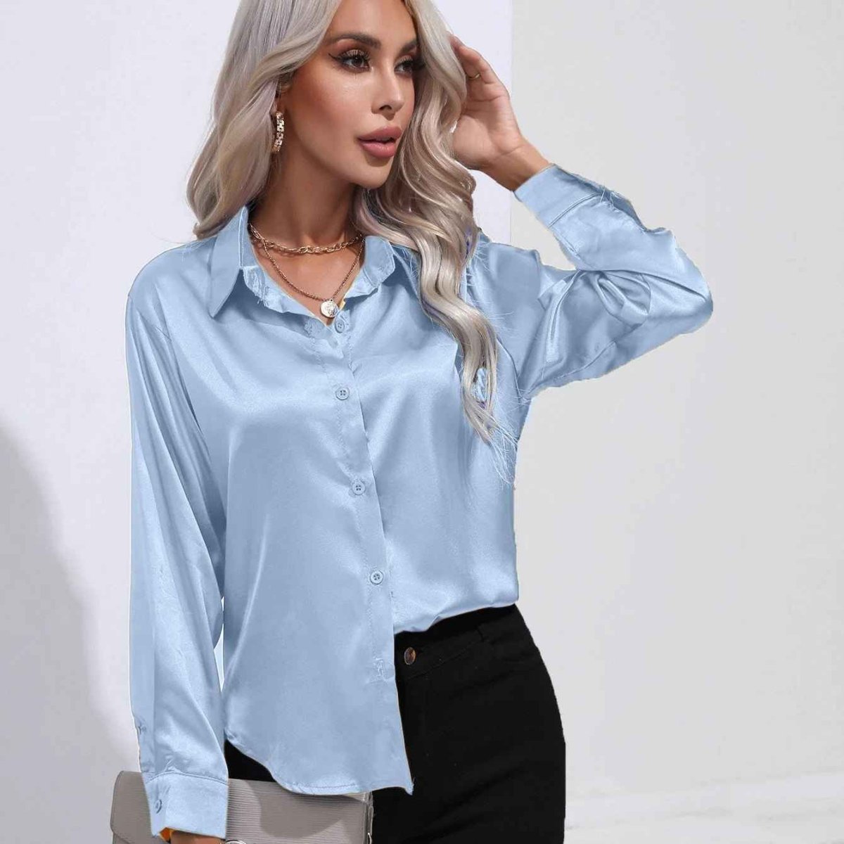 Satin Button Down Blouse Shirt