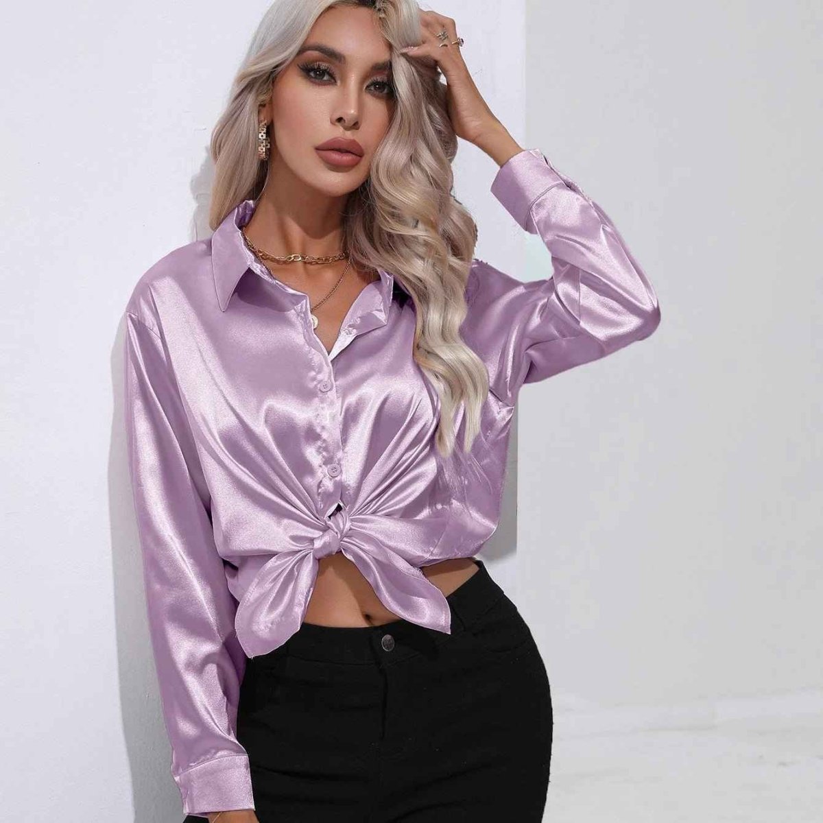 Satin Button Down Blouse Shirt