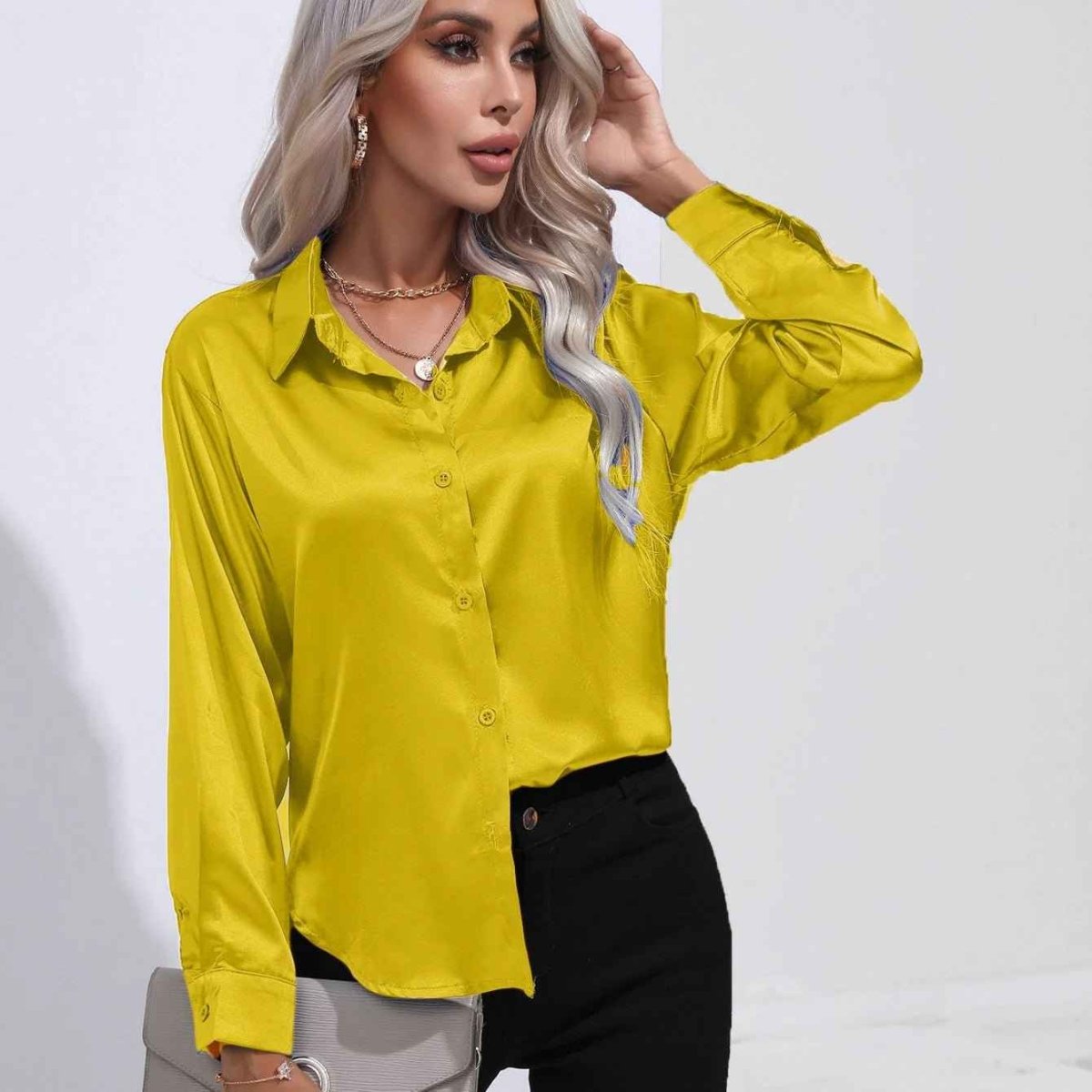 Satin Button Down Blouse Shirt