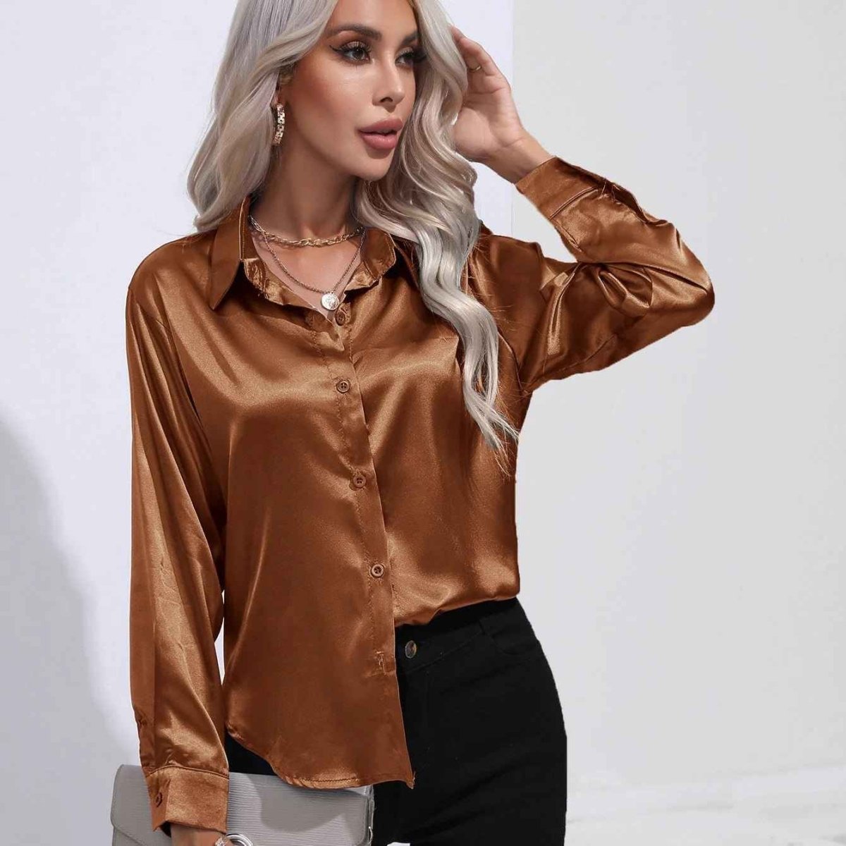 Satin Button Down Blouse Shirt