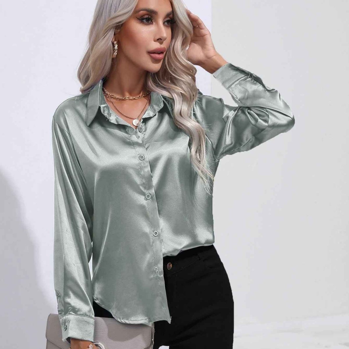 Satin Button Down Blouse Shirt