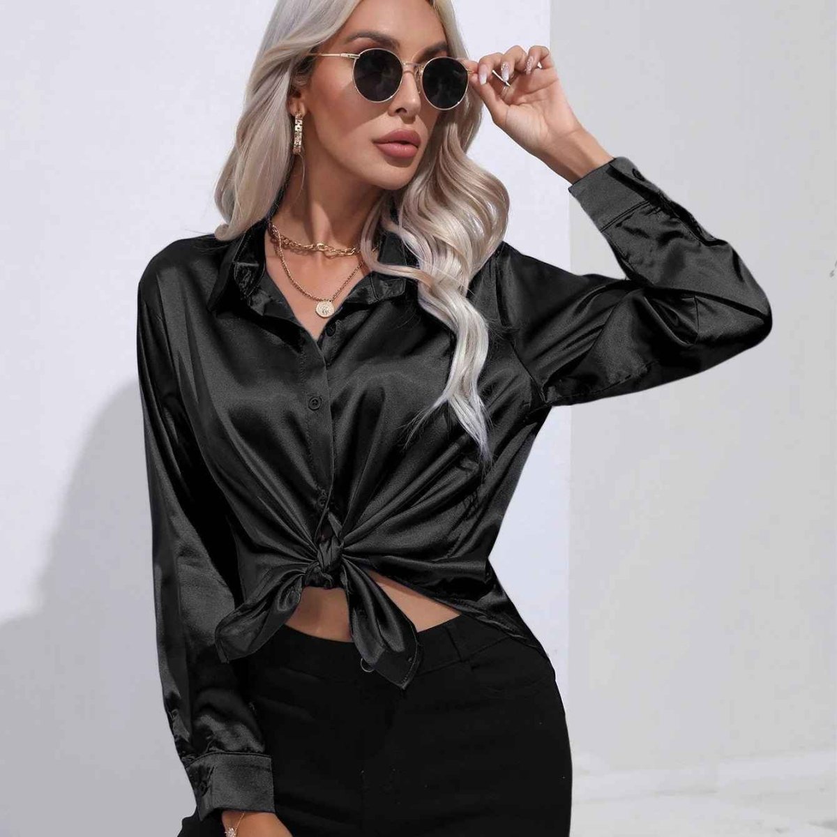 Satin Button Down Blouse Shirt