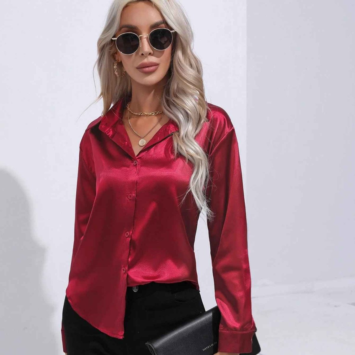Satin Button Down Blouse Shirt