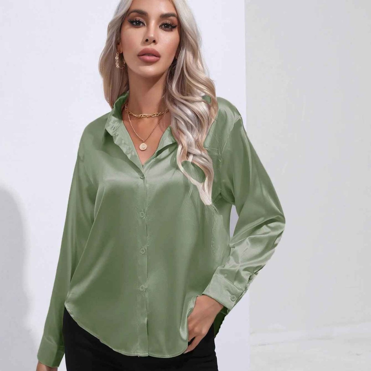 Satin Button Down Blouse Shirt