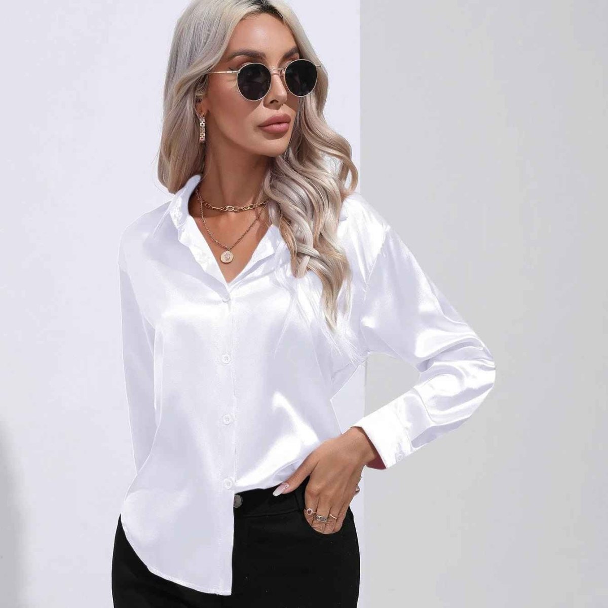 Satin Button Down Blouse Shirt