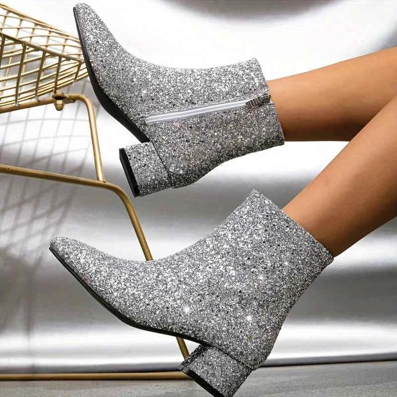 Women's Glitter Block Heel Boots